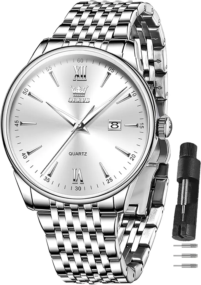 OLEVS Men's Watch,Classic Silver Watches for Men, Waterproof Stainless Steel Roman Numbers Men's Watch Easy to Read