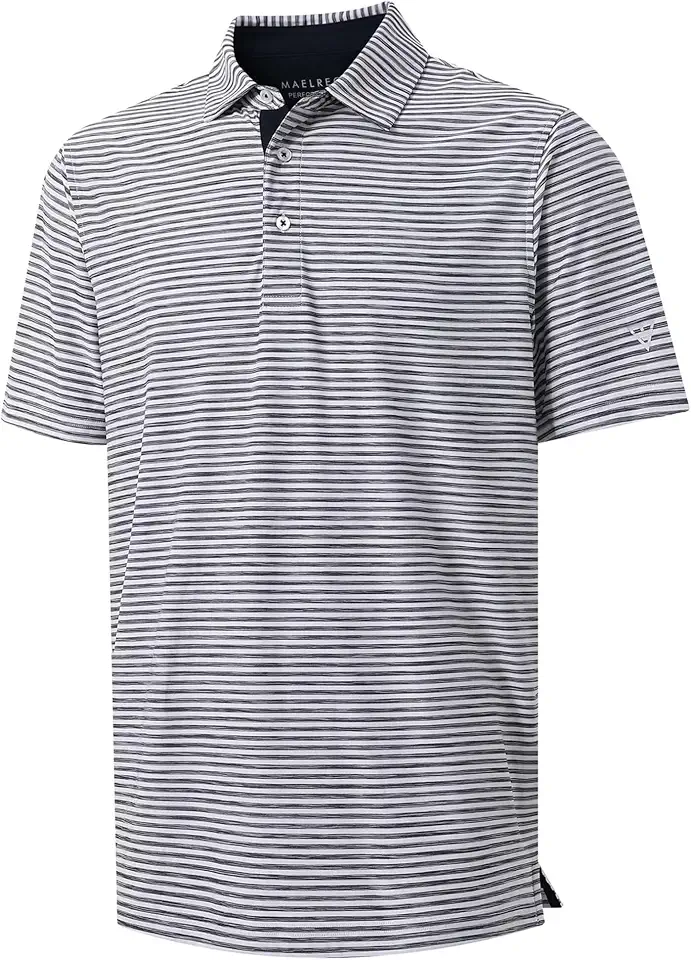 M MAELREG Golf Polo Shirts for Men Short Sleeve Dry Fit Striped Performance Moisture Wicking Collared Casual Mens Golf Shirt