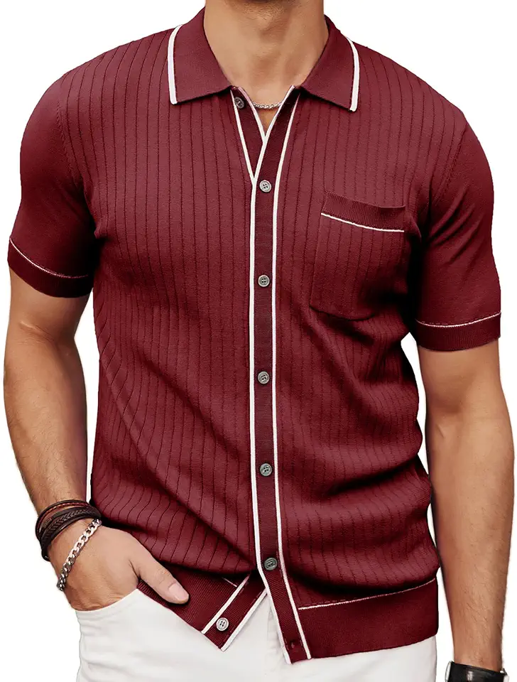 PJ PAUL JONES Mens Knit Shirts Short Sleeve Button Down Casual Shirt Vintage Old Money Polo Shirts Vacation Beach Tops