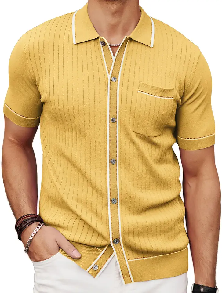 PJ PAUL JONES Mens Knit Shirts Short Sleeve Button Down Casual Shirt Vintage Old Money Polo Shirts Vacation Beach Tops