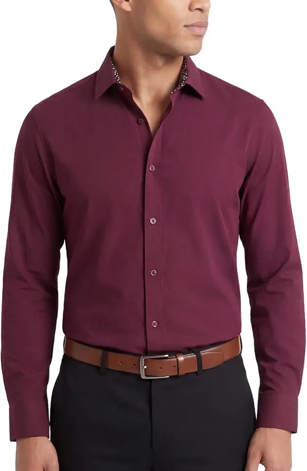Men's Slim Fit Burgundy Long Sleeve Button Down Shirt