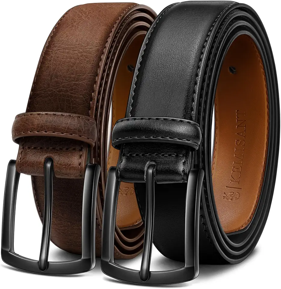 KEMISANT Men Leather Belt 2Pack-Trimmable 1 3/8"-7 Metal Eyelets-Gift Boxed