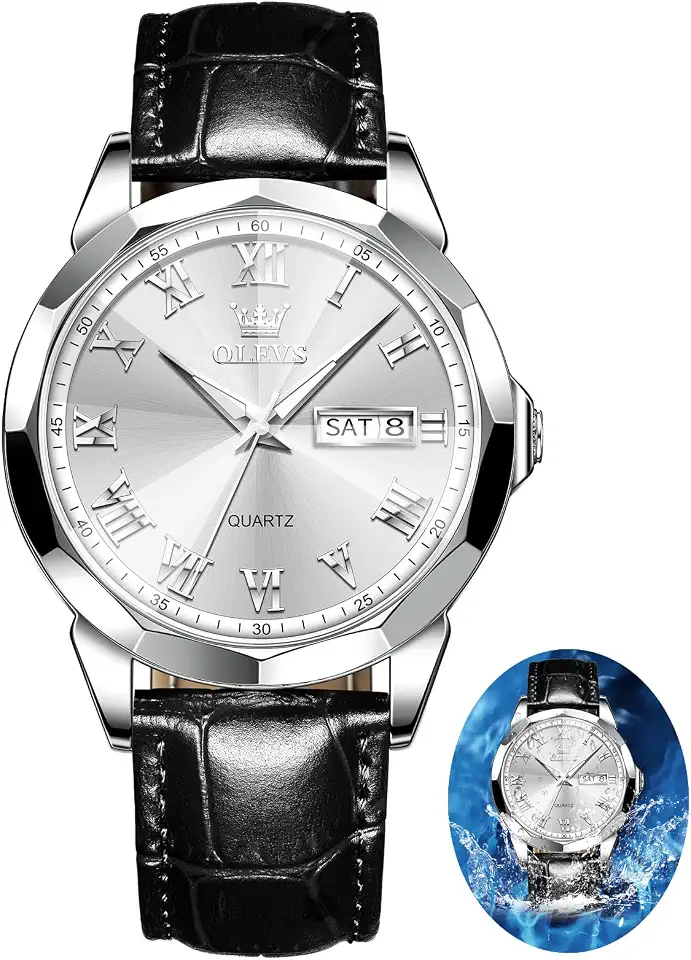 OLEVS Watches for Men Case Waterproof Watches Leather Band Day Date Mens Watch Analog Quartz Chronograph Wristwatches Multi-Function Men's Watch
