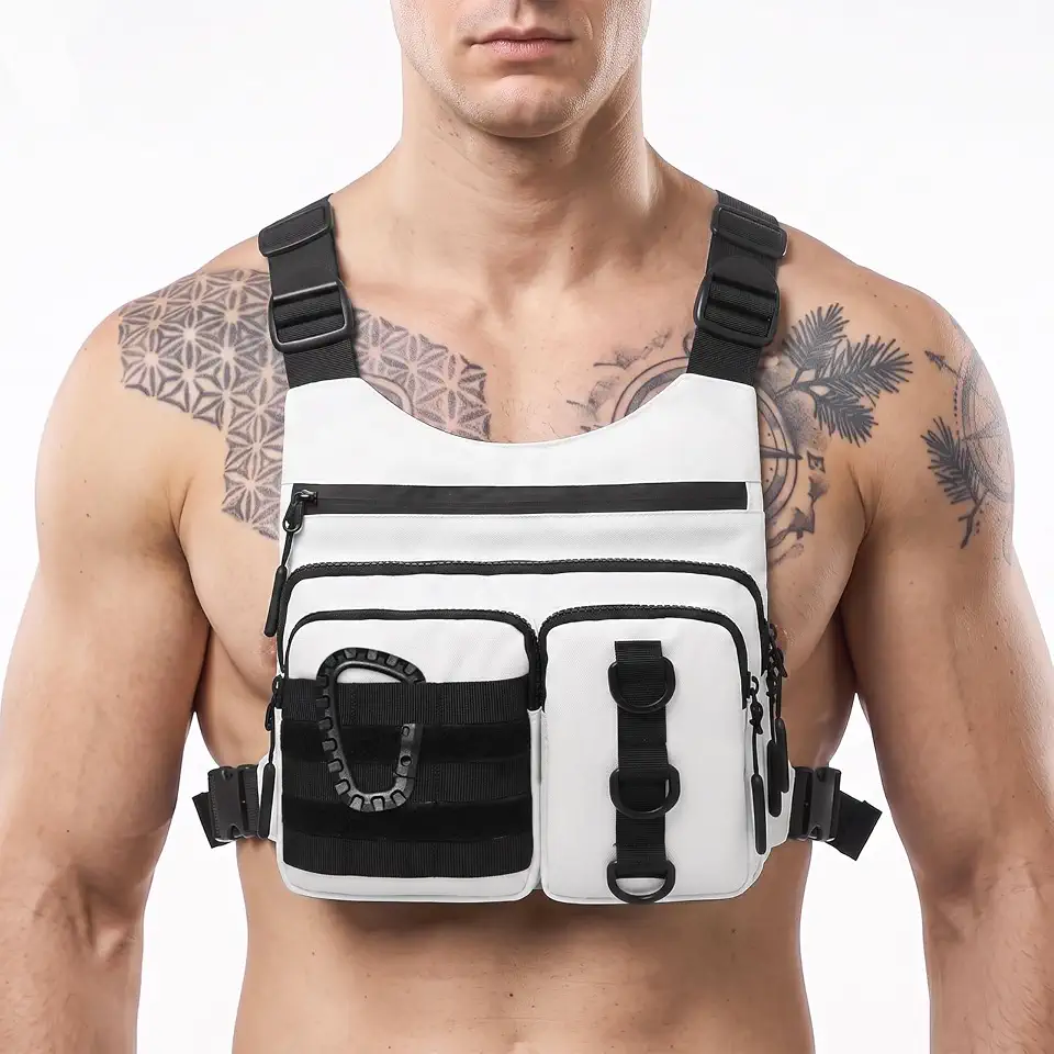 Global Recycled Standard Criuage Outdoor Chest Bag for Men, Lightweight Adjustable Running Vest, Water Resistant EDC Chest Pack with Water Bottle Pocket, Breathable Back Pad for Hiking Cycling Fishing Travel (White)