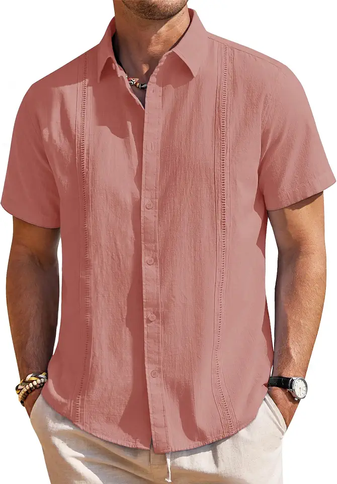 Global Recycled Standard Mens Linen Textured Shirt Short Sleeve Button Down Cuban Guayabera Shirt