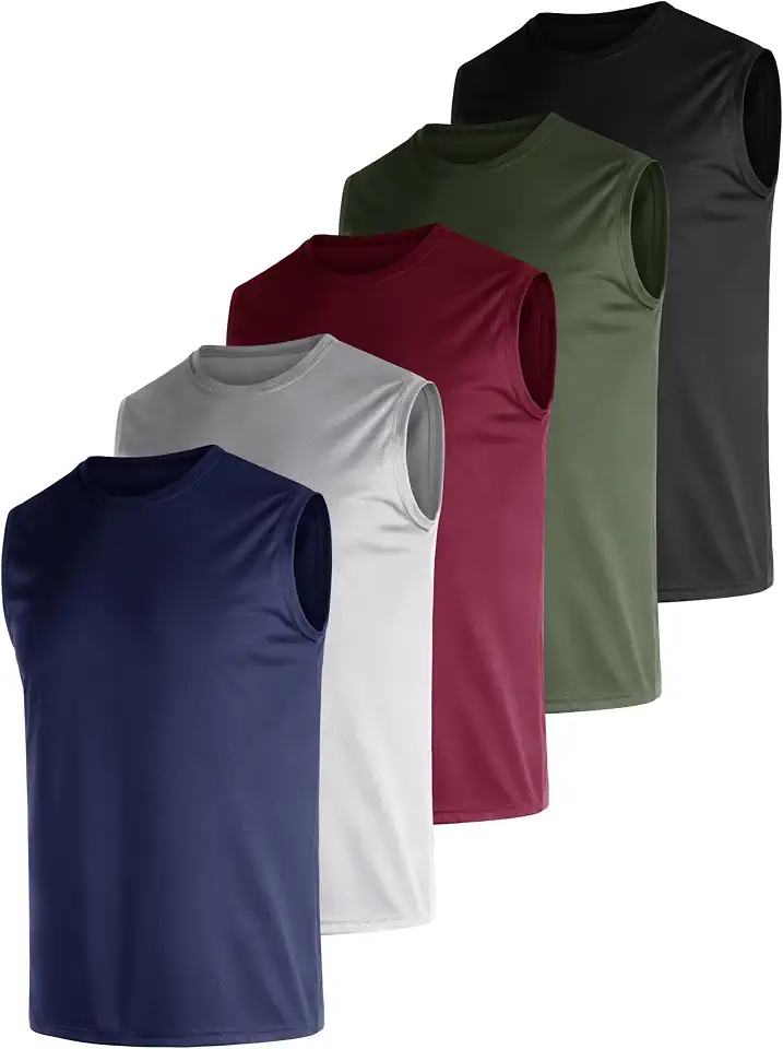 Global Recycled Standard Men's 5 Pack Dry Fit Quick Dry Tech Performance Sleeveless T Shirts Mesh Workout Gym Muscle Running Tank Tops