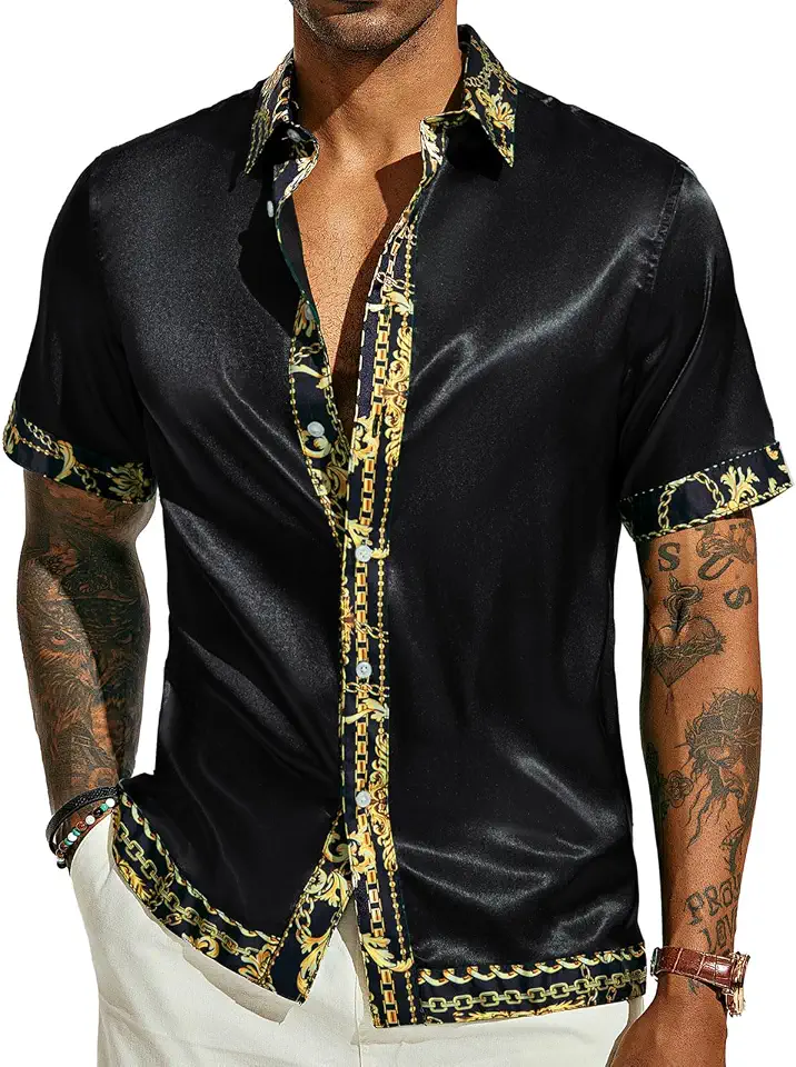 PJ PAUL JONES Mens Button Down Short Sleeve Shirts Satin Shirt