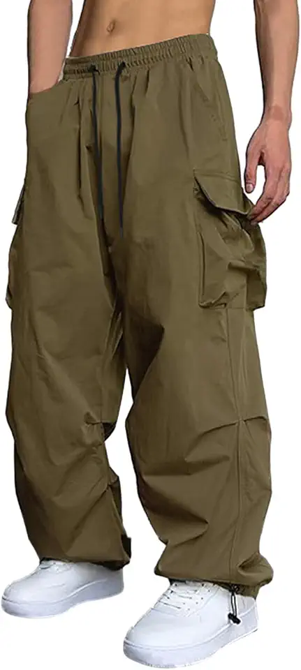 Men's Casual Cargo Pants Elastic Waist Drawstring Street Hip Hop Trousers with Pockets