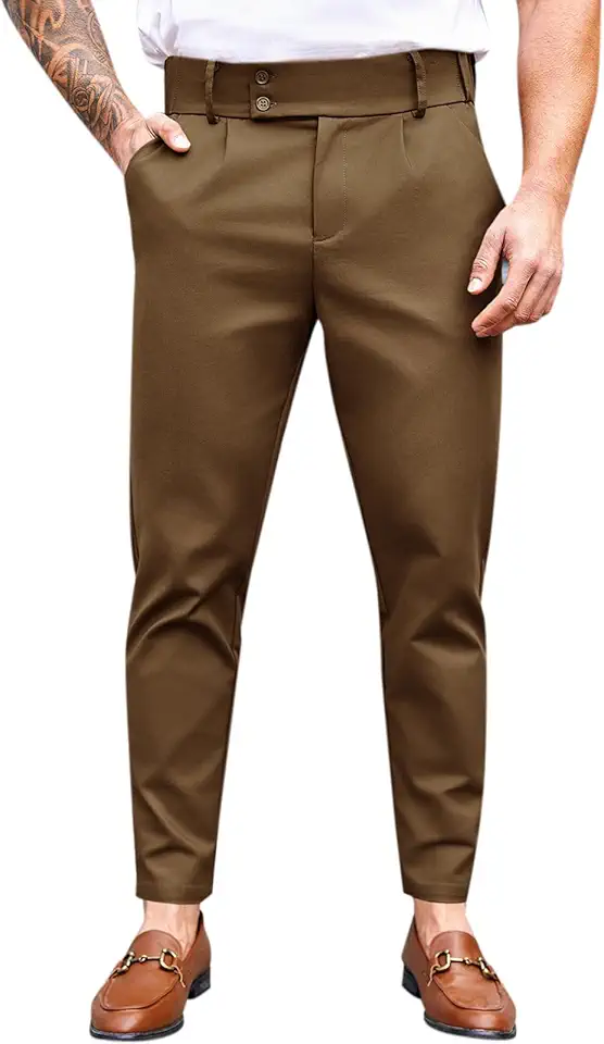 PASLTER Mens Chino Pants Slim Fit Flat Front Stretch Skinny Tapered Dress Pants Casual Trousers Brown