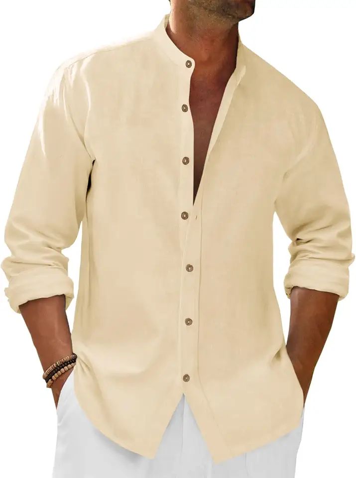 Men's Beige Mandarin Collar Linen Shirt