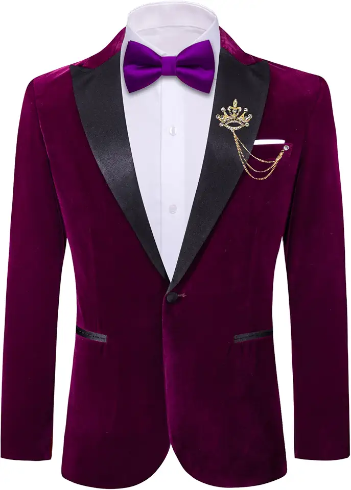 Barry.Wang Mens Velvet Blazer Business Casual Sport Coat Brooch Tuxedo