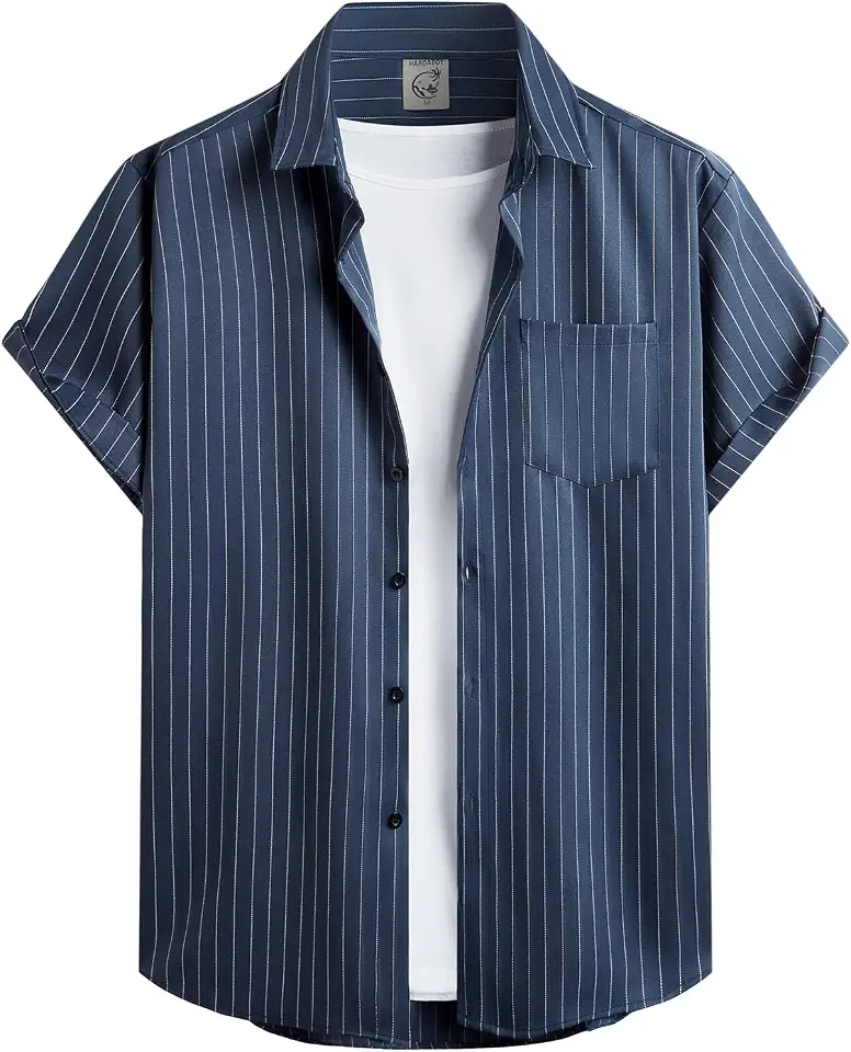 Hardaddy Men's Casual Striped Shirts Button Down Short Sleeve Blouse Summer Hawaiian Shirt