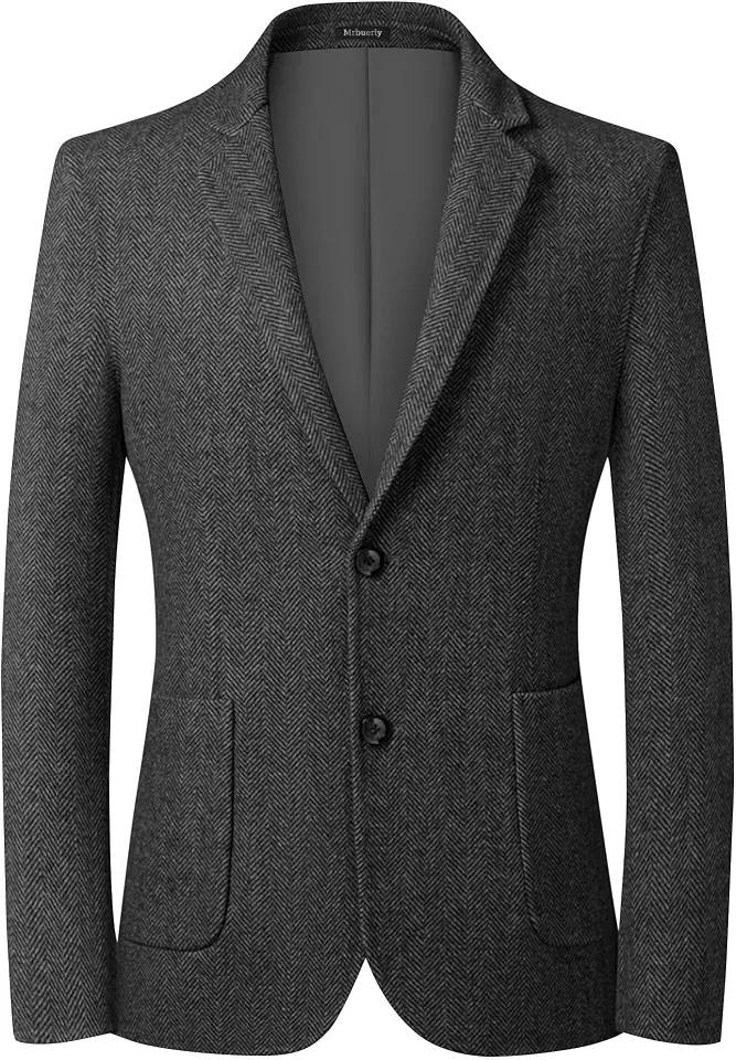 Mens Herringbone Tweed Blazer Vintage Wool Blend Sport Coat Jacket 2 Button Casual Wedding Groomsmen Prom Suit