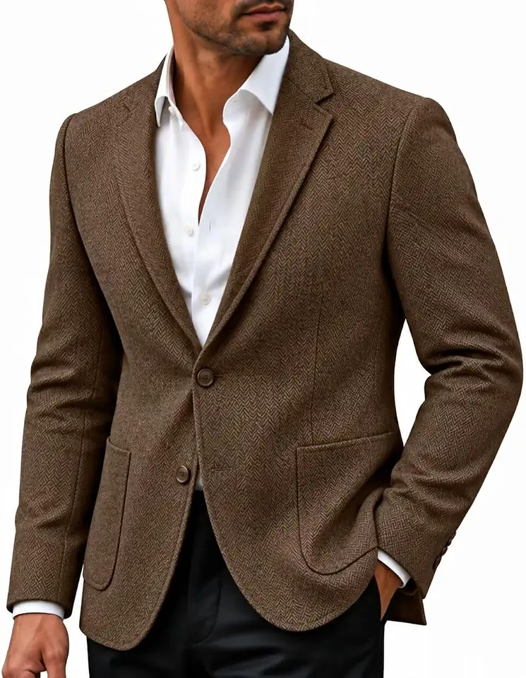 Men Herringbone Tweed Blazer Vintage Wool Blend Sport Coat for Men
