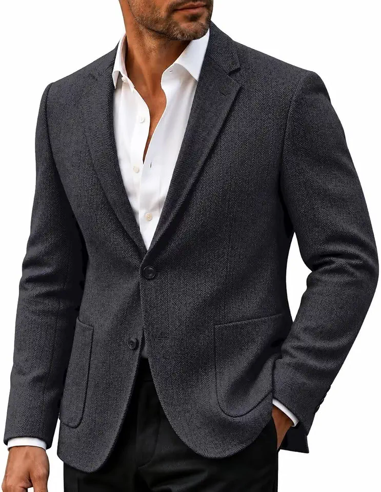 Men Herringbone Tweed Blazer Vintage Wool Blend Sport Coat for Men