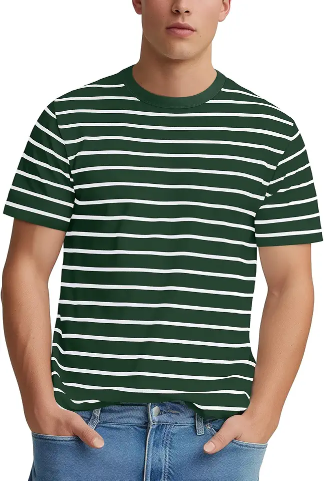 Zengjo Mens Striped Shirt Short Sleeve Cotton Stretch Crewneck T-Shirt