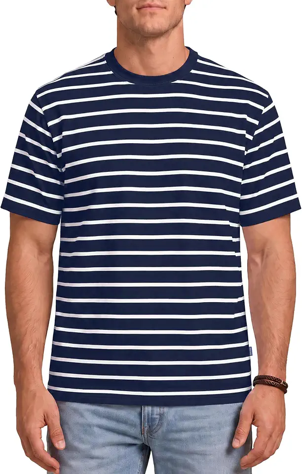 Zengjo Mens Striped Shirt Short Sleeve Cotton Stretch Crewneck T-Shirt