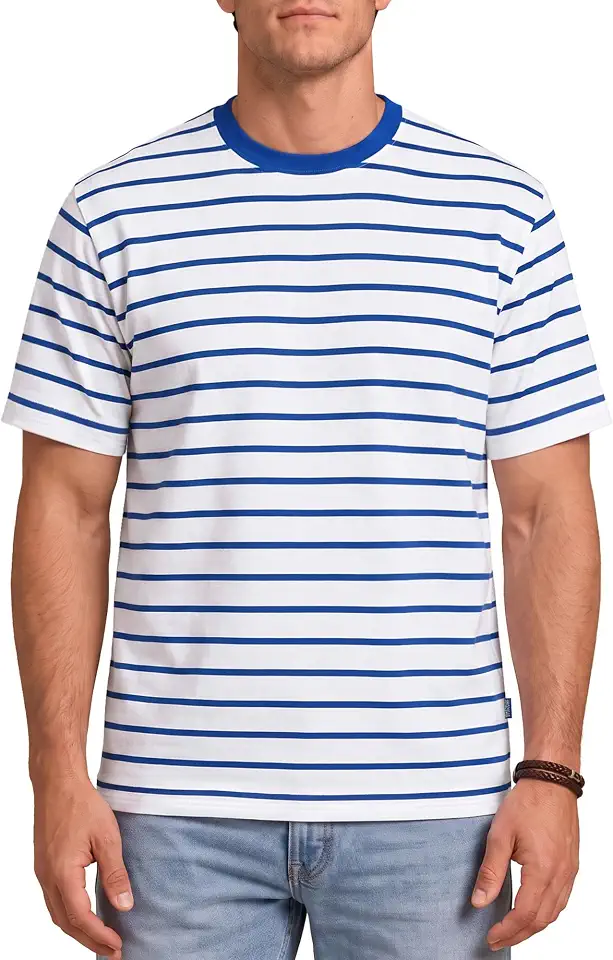 Zengjo Mens Striped Shirt Short Sleeve Cotton Stretch Crewneck T-Shirt