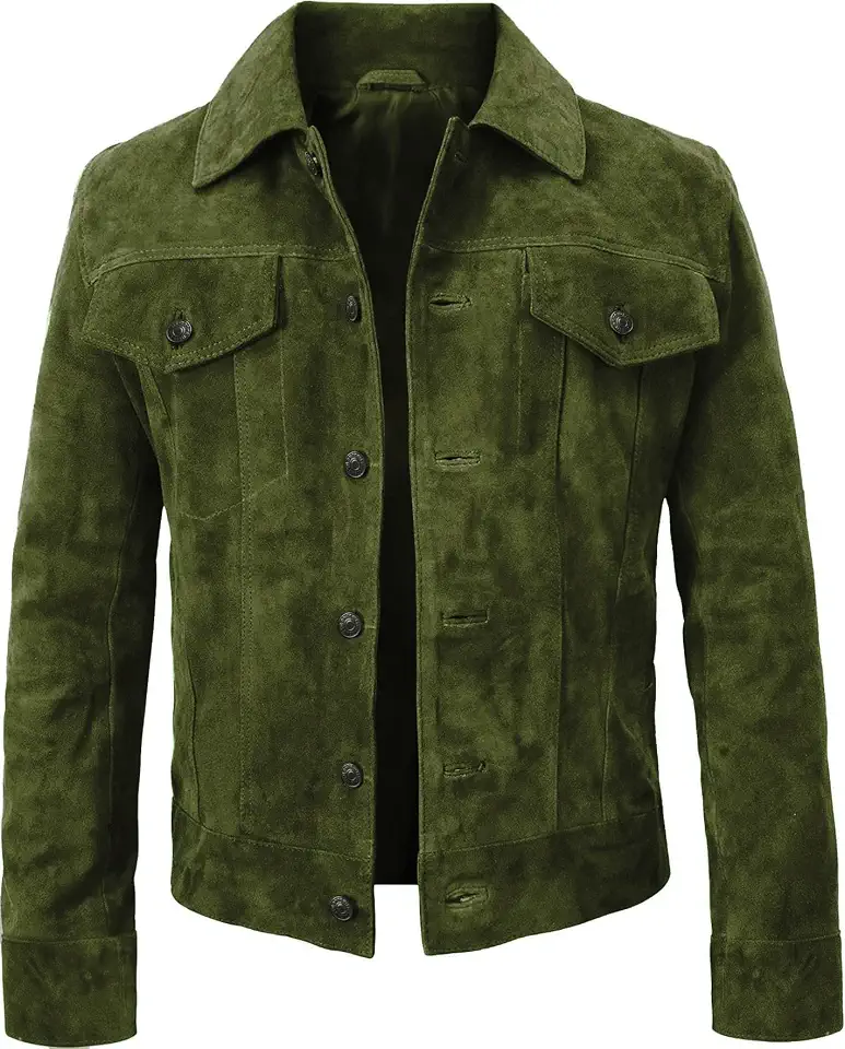Men's Suede Leather Trucker Jacket Western Style Cowboy Coat