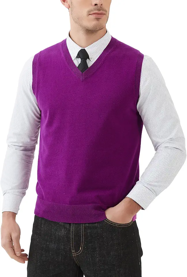 Kallspin Men's 100% Cotton Sweater Vest V Neck Regular Fit Knit Sleeveless Pullover Sweater