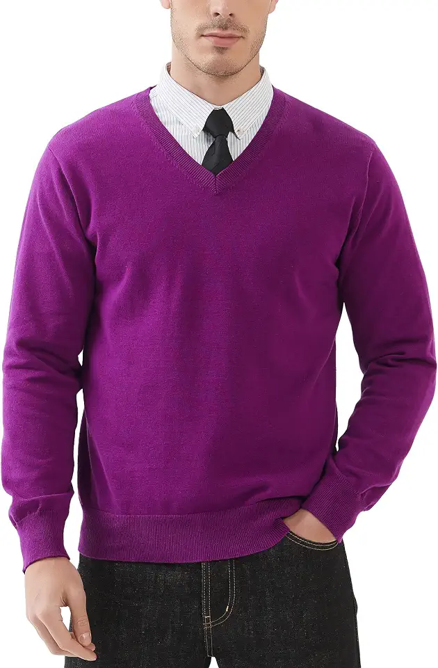 Kallspin Mens V Neck Sweater Pure Cotton Pullover Long Sleeve Lightweight Soft Knit Regular Fit Casual Layering Sweater