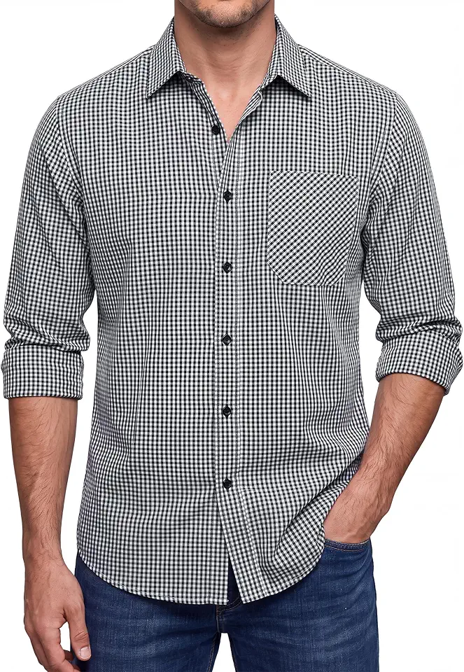 HISDERN Mens Long Sleeve Dress Shirts,Plaid Striped Button Down Shirt,Big &Tall Men Gingham Camisa for Casual Business Formal