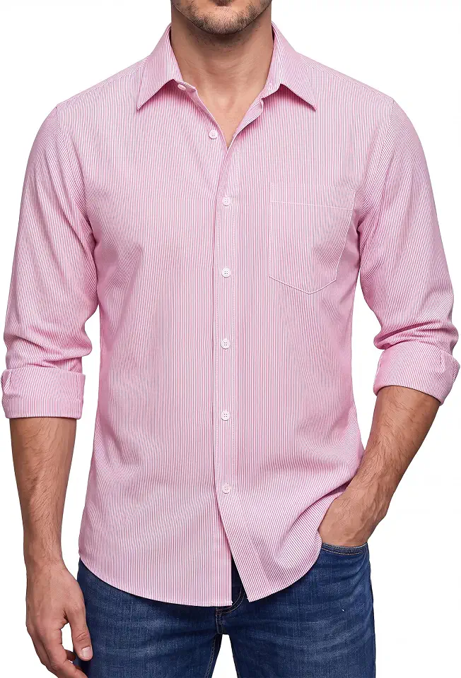 HISDERN Mens Long Sleeve Dress Shirts,Plaid Striped Button Down Shirt,Big &Tall Men Gingham Camisa for Casual Business Formal