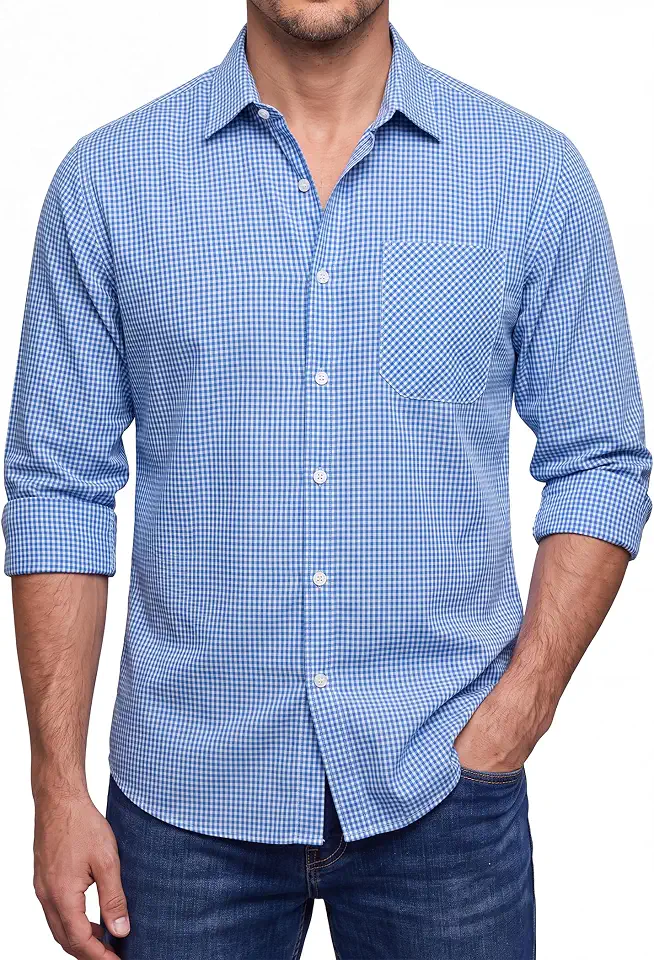 Men's Blue Checkered Long Sleeve Dress Shirt