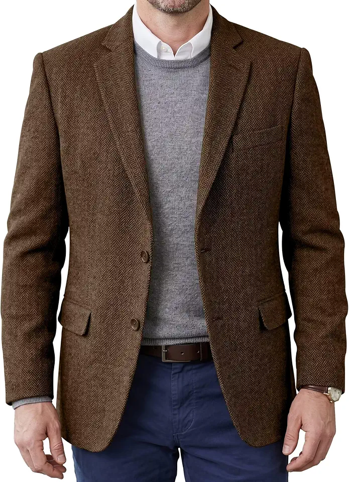 Men's Tweed Blazer Jacket 2 Button Herringbone Casual Prom Jackets