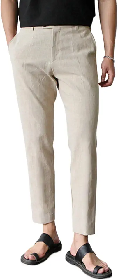 GINGTTO Linen Pants Men Slim Fit Elastic Waistband Lightweight Summer Beach Fashion Casual Pant