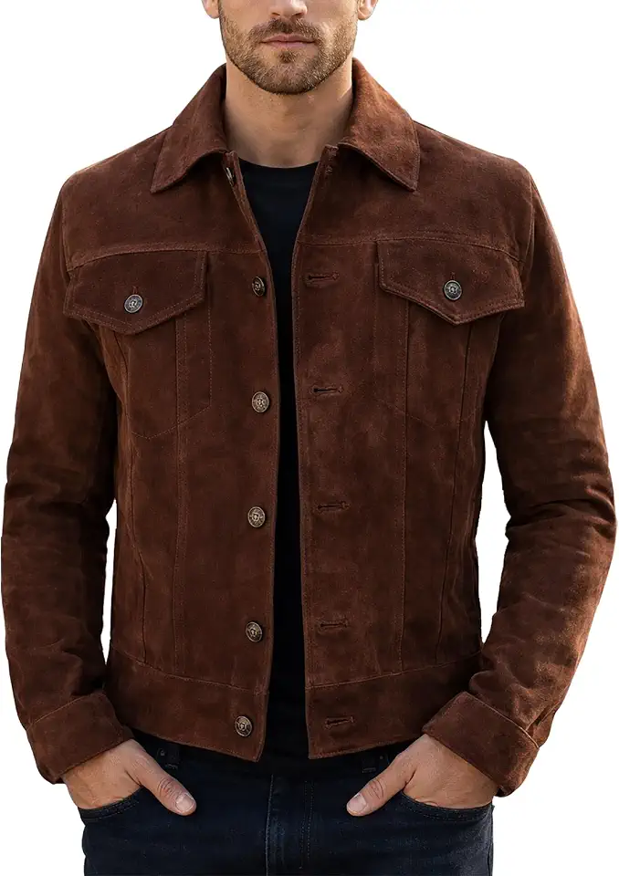 LP-FACON Mens Western Style Trucker Suede Leather Jacket