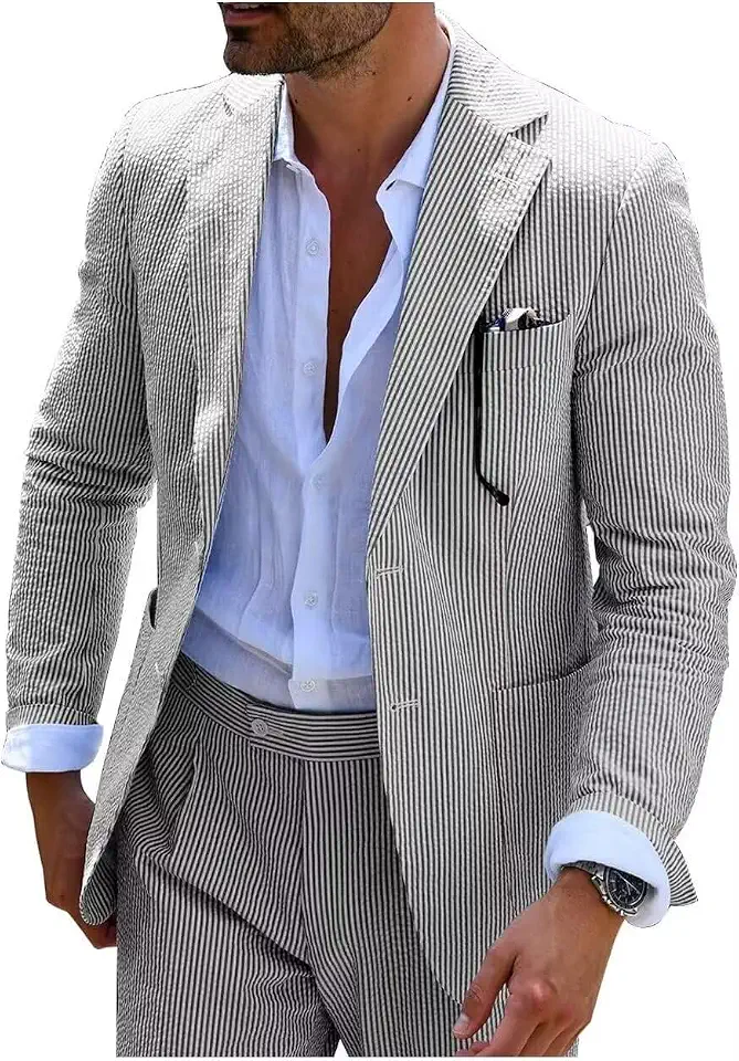 Mens Summer Seersucker Suits Grooms 2 Piece Striped Suit for Men