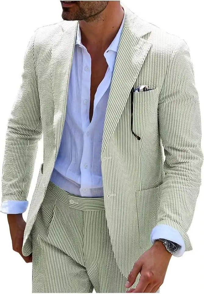 Mens Summer Seersucker Suits Grooms 2 Piece Striped Suit for Men