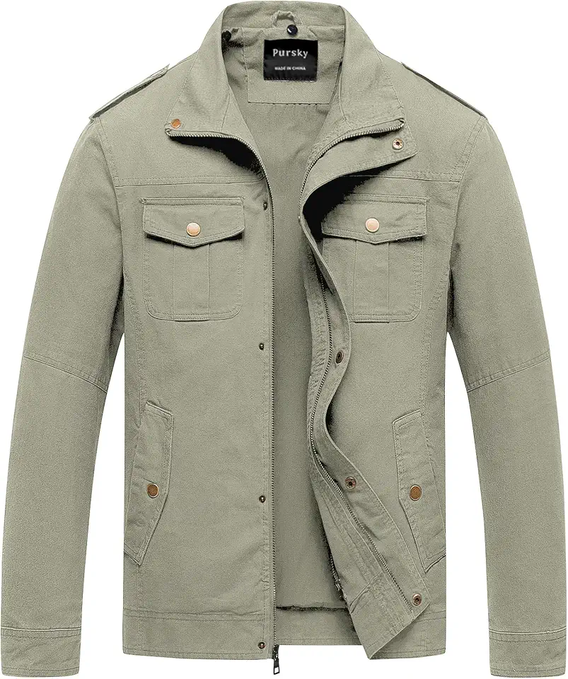 Pursky Men's Military Jacket Casual Washed Cotton Hooded Canvas Coat Fall Coat
