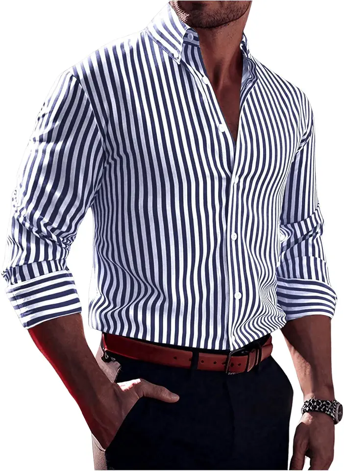 Floerns Men's Striped Print Button Front Collared Long Sleeve Shirt Top