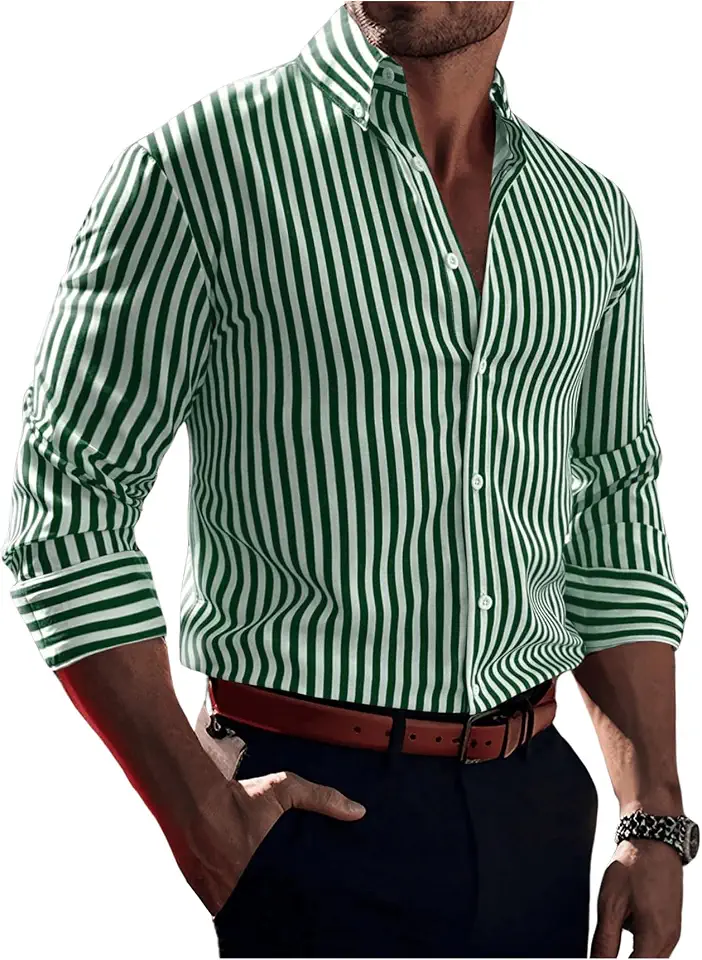Floerns Men's Striped Print Button Front Collared Long Sleeve Shirt Top