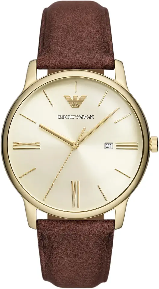 Emporio Armani Men's Three-Hand Date Gold and Brown Leather Band Watch (Model: AR11610)