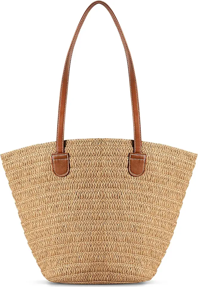 Pleneal Straw Beach Bags for Women, Woven Shoulder Tote Bag with Zipper