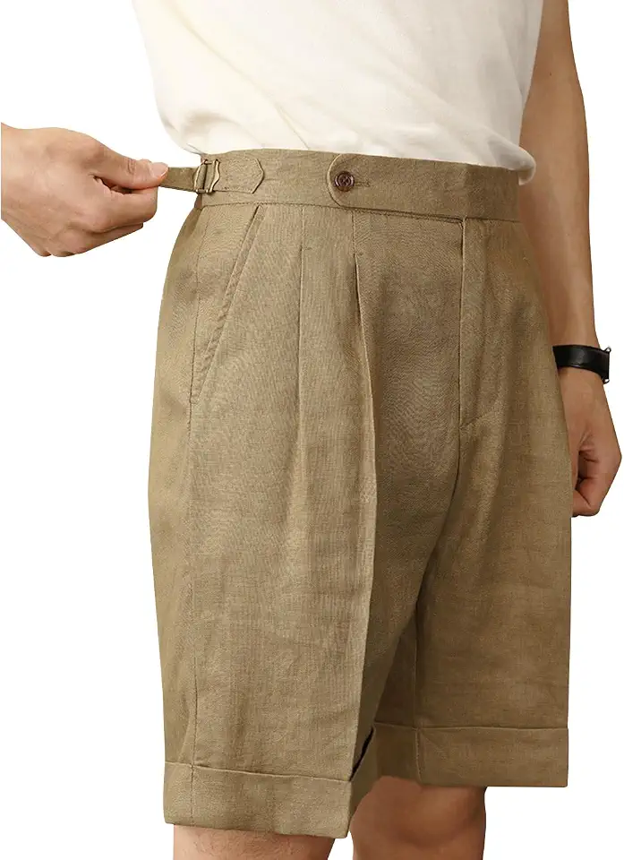 Snoly Men's Linen Flat Front Gurkha Shorts Retro Lightweight Tapered Leg Straight Chino Pants Buckle Back