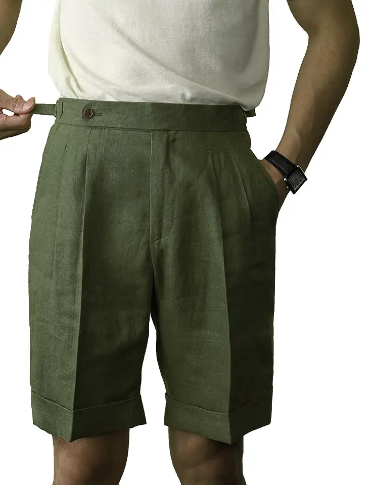 Snoly Men's Linen Flat Front Gurkha Shorts Retro Lightweight Tapered Leg Straight Chino Pants Buckle Back