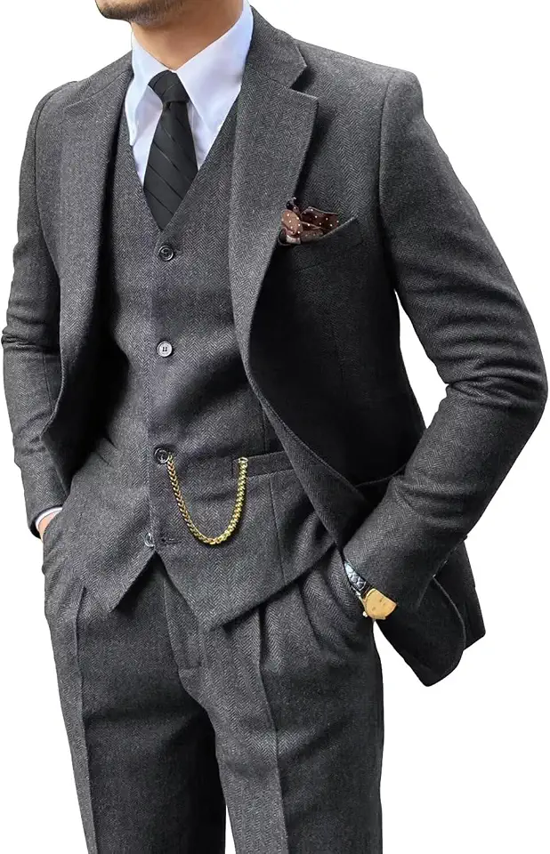 Global Recycled Standard Retro 3 Piece Suit Tweed Herringbone Men's Suits Slim Fit Jacket Vest Pant