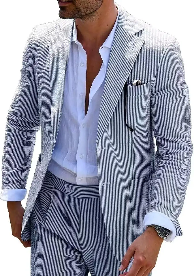 Global Recycled Standard Wehilion Mens Slim Fit Seersucker Suit,Summer Wedding Formal 2-Piece Suit