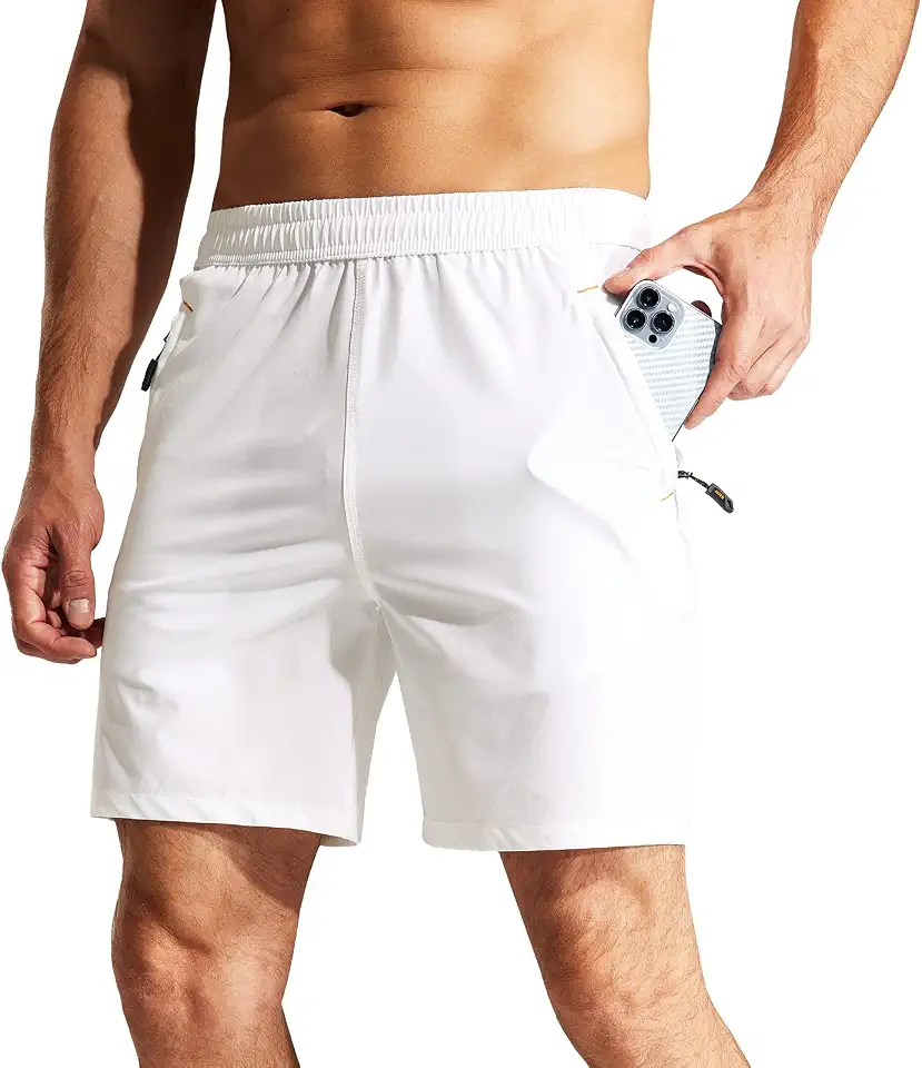 Global Recycled Standard MIER Men's 7 Inch Athletic Shorts with 3 Zipper Pockets, Dry Fit