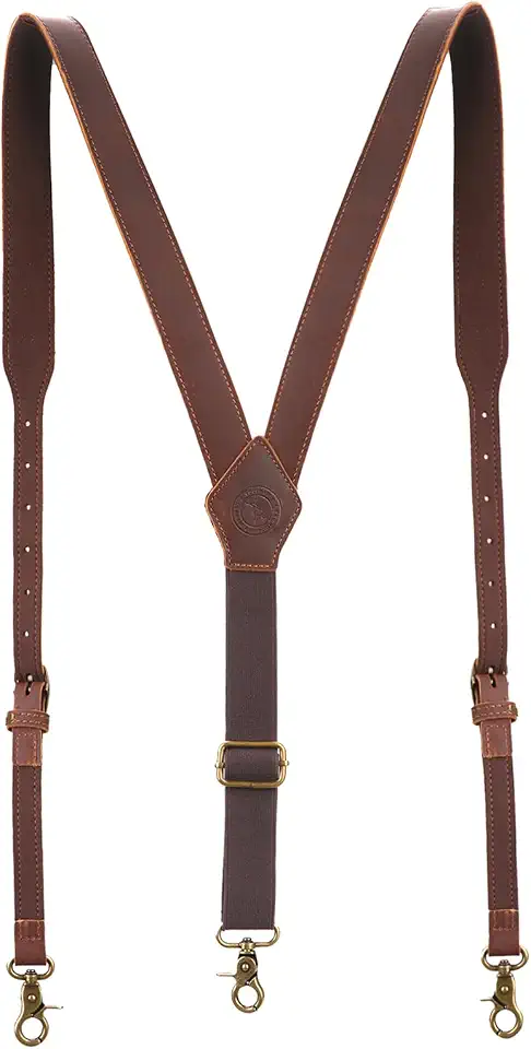 Tourbon Genuine Leather Suspenders for Men Heavy Duty Y Back Design Adjustable Straps with 3 Metal Snap Hooks, Brown