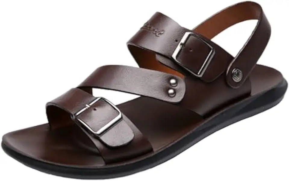 Men's Leather Buckle Casual Flat Sandals with Adjustable Dual use Ankle Straps Slip-On Beach Sandals Open Toe Non-Slip Soft Comfortable Slide Sandals