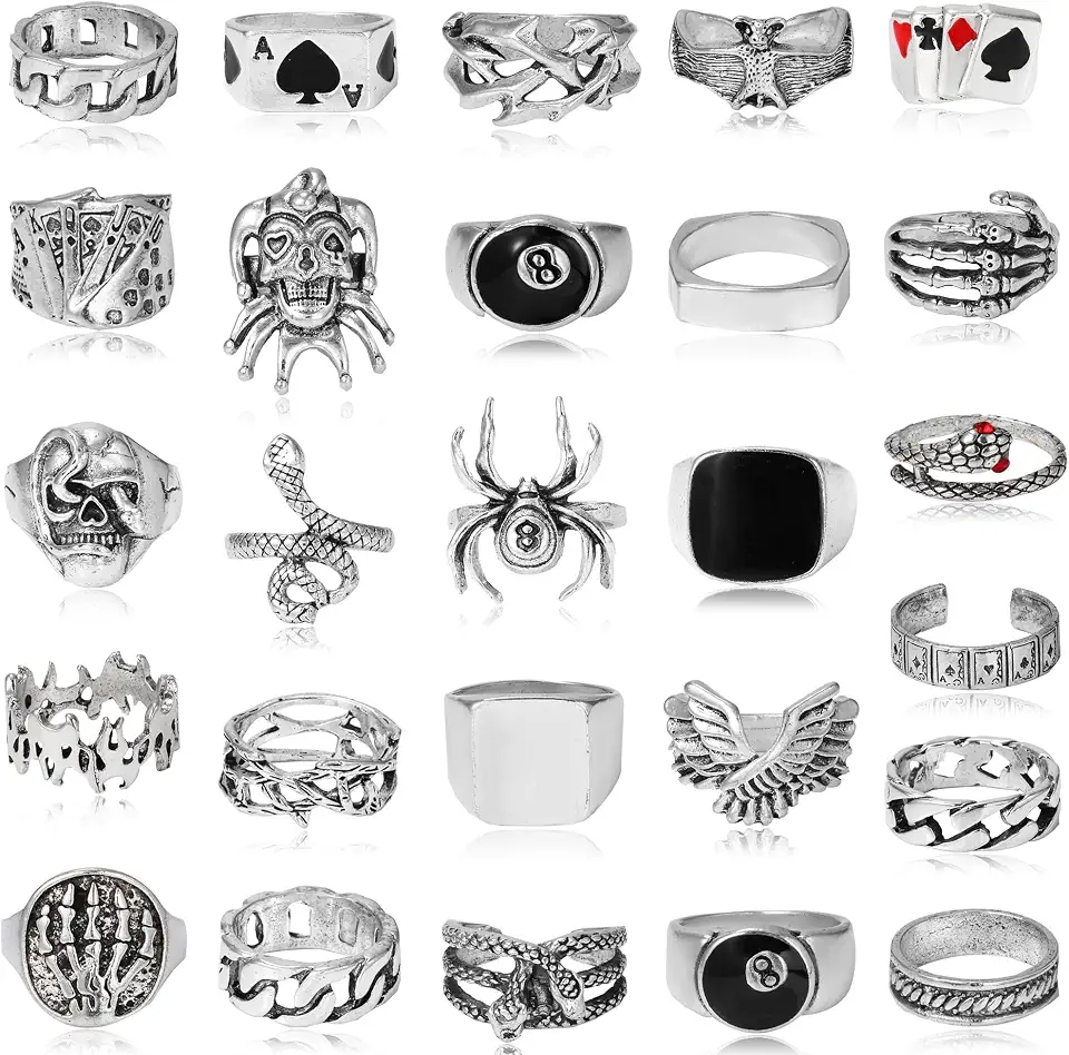 26 Pcs Vintage Silver Punk Rings Set for Men Cool Gothic Chunky Rings Statement Snake Wing Signet Ring Set