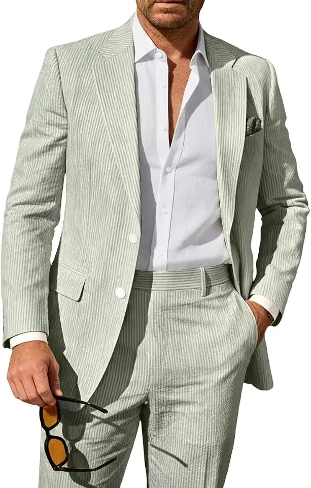 Seersucker Suit Mens 2 Piece Classic Fit Casual Suit for Grooms Prom Party