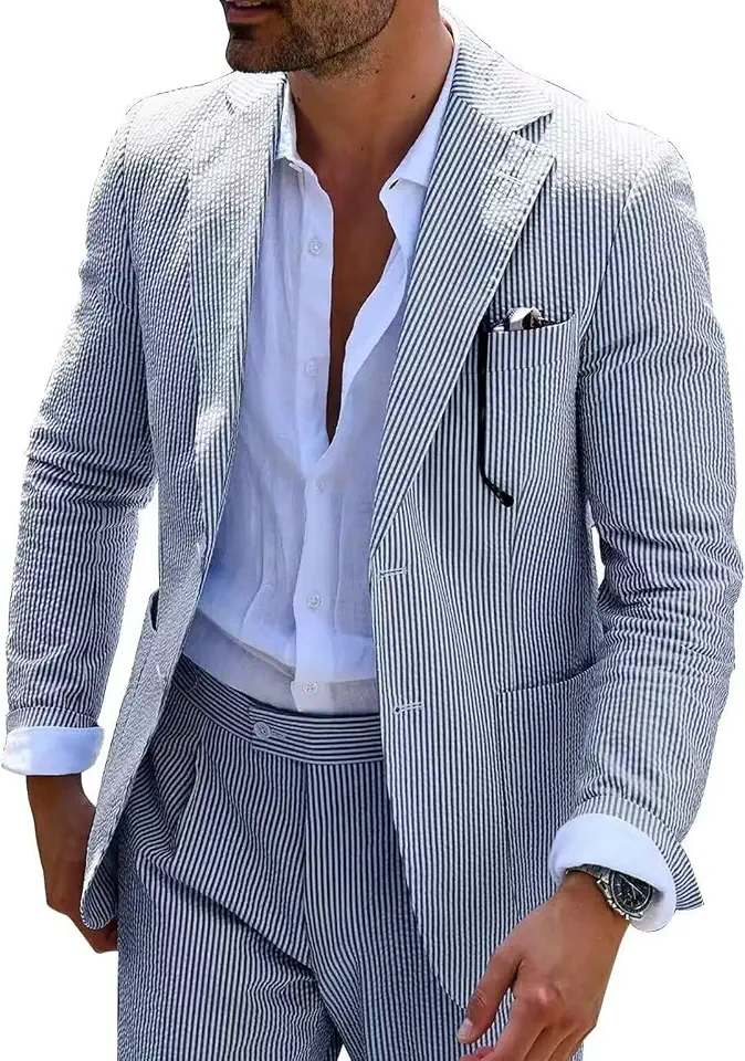 Global Recycled Standard Seersucker Mens Suit 2 Piece Slim Casul Summer Beach Blazer Jacket Pant Tux