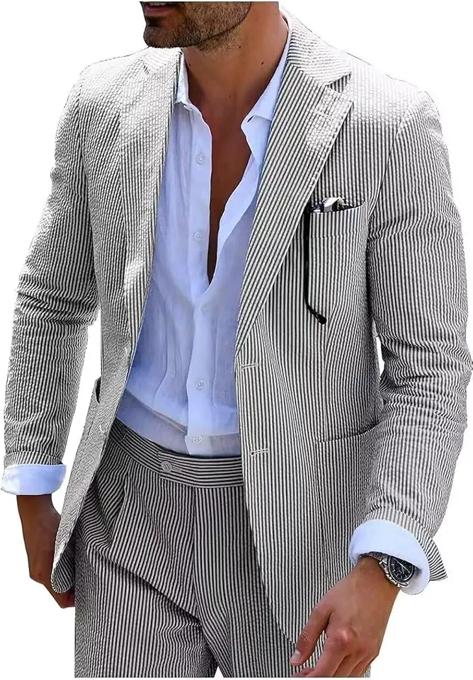 Global Recycled Standard Seersucker Mens Suit 2 Piece Slim Casul Summer Beach Blazer Jacket Pant Tux