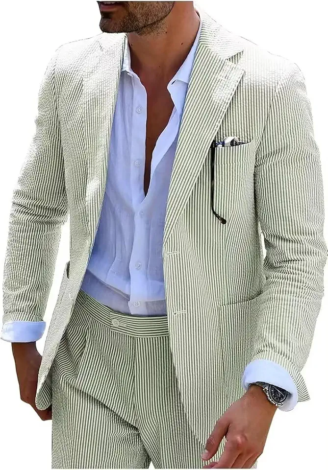 Global Recycled Standard Seersucker Mens Suit 2 Piece Slim Casul Summer Beach Blazer Jacket Pant Tux